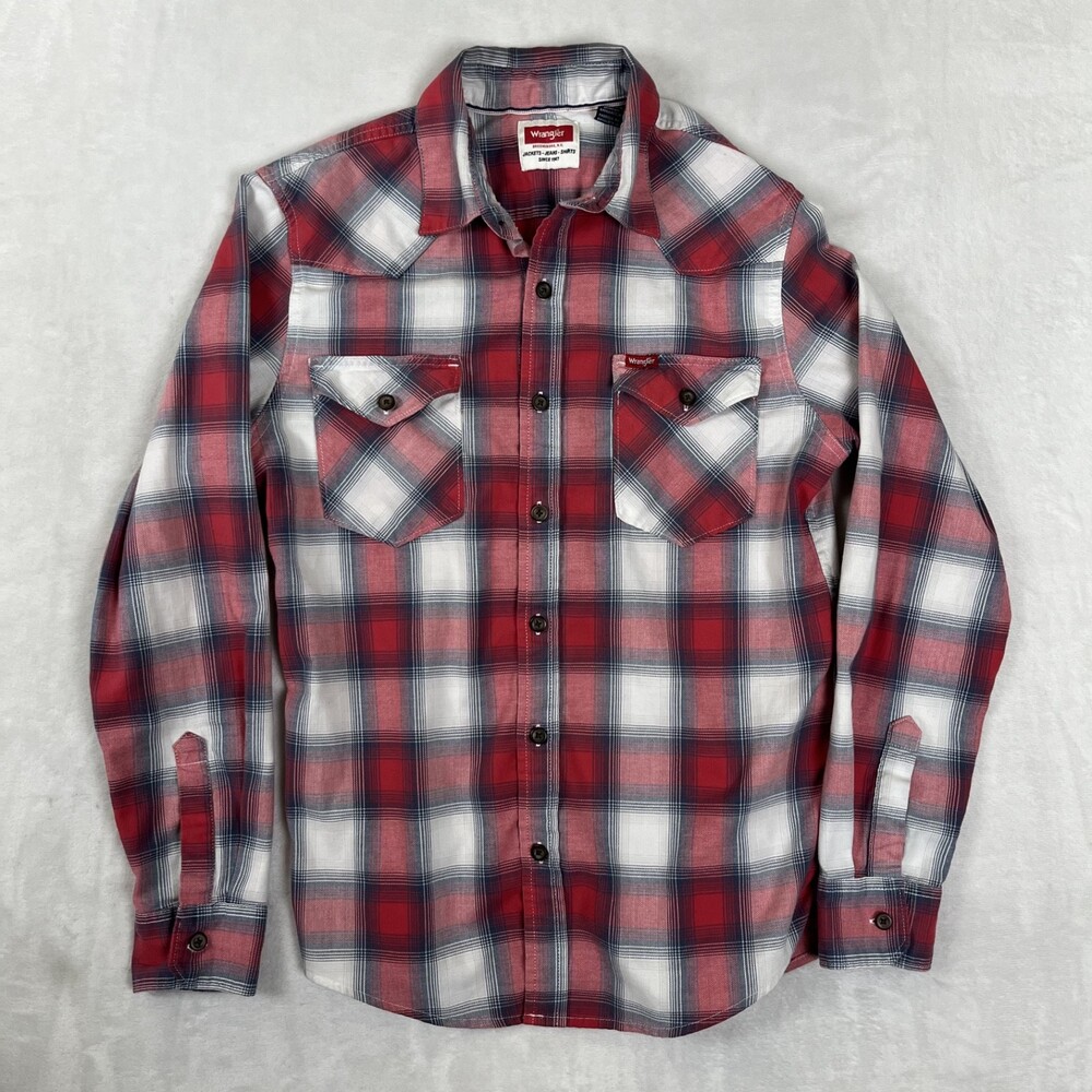 Vintage Wrangler Long Sleeve Button Up Shirt Size Small Red Plaid Cowboy Western